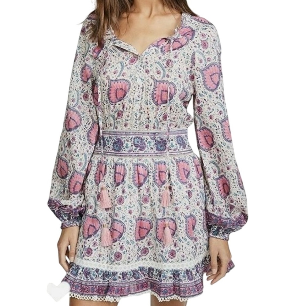Alicia BELL Floral Print Mini Dress Pink Purple Bohemian Long Sleeve‎ Sz S